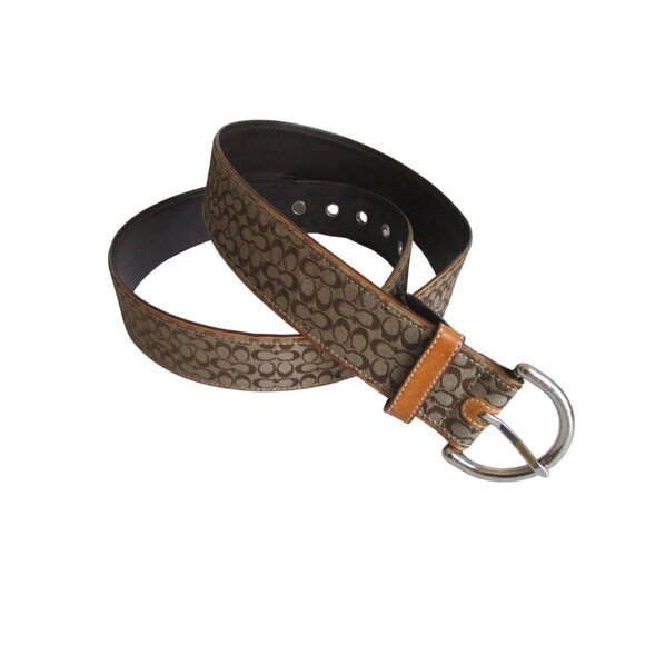 *COACH Brown Tan Belt Small Canvas LOGO D-Ring Silver Buckle - Large - Picture 1 of 7